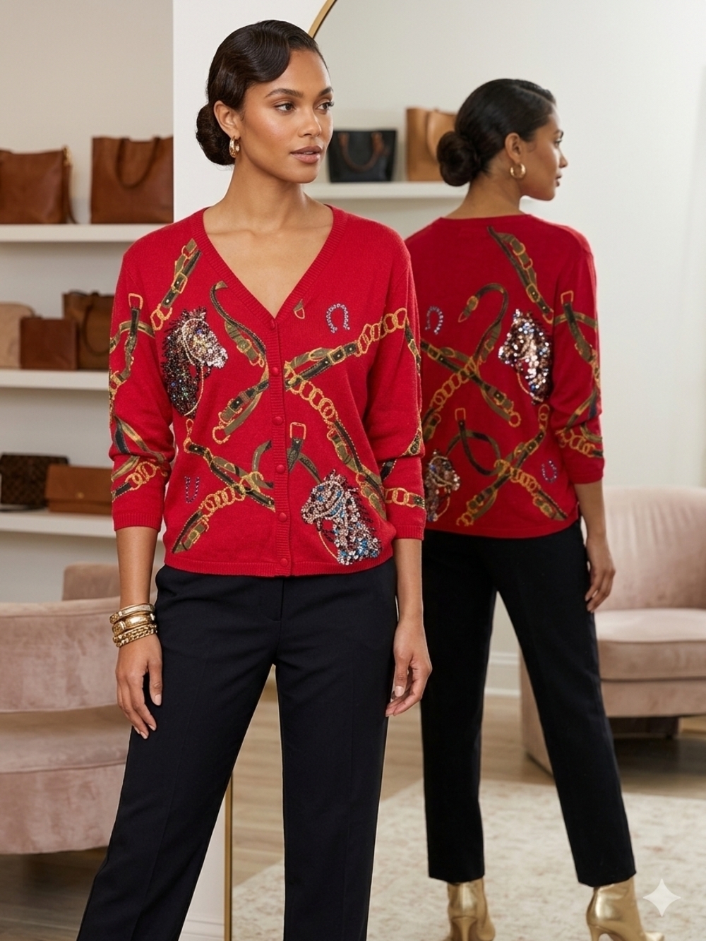 Sequin Embellished Red V-Neck Sweater Cardigan